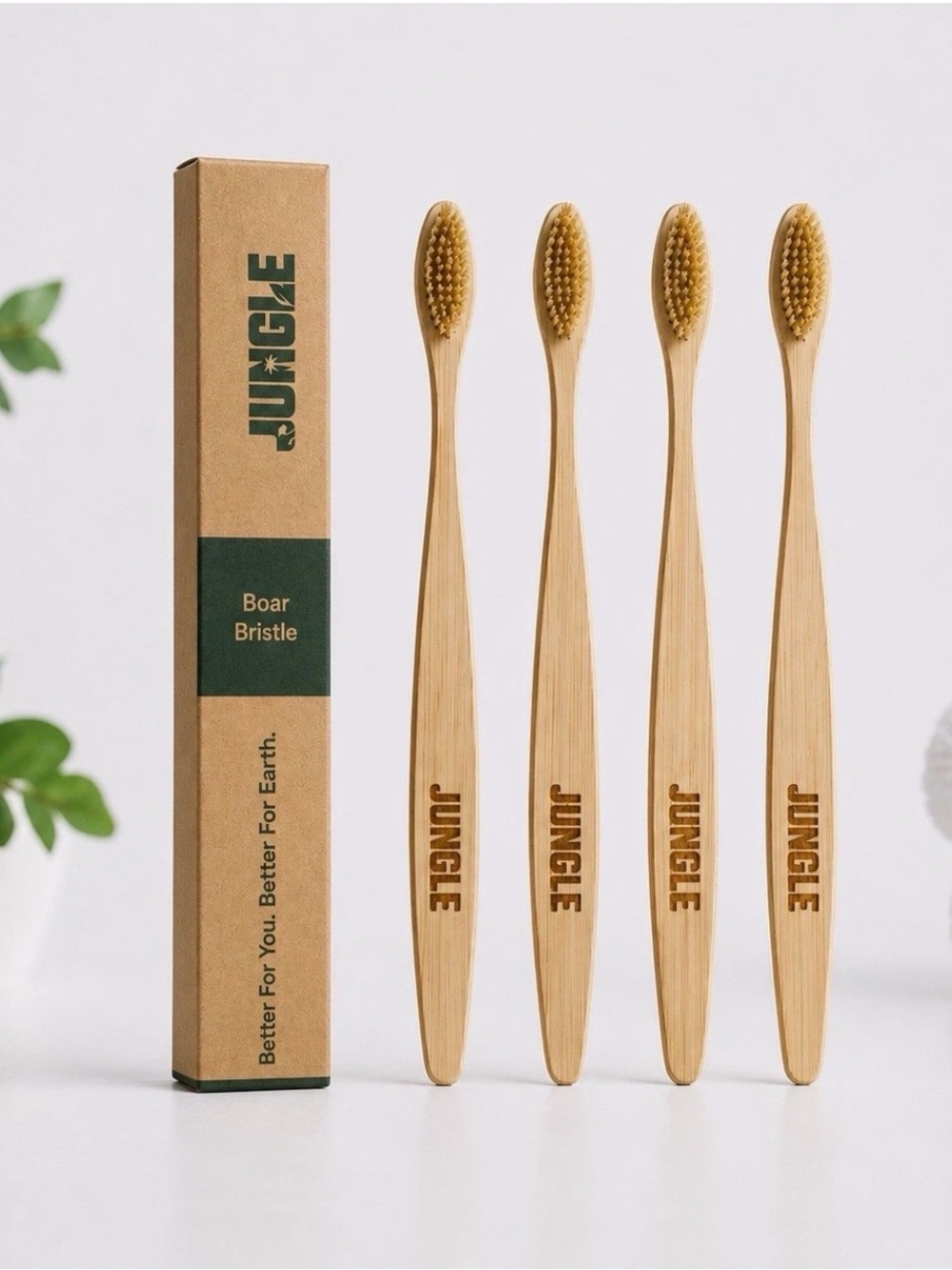 JUNGLE Bamboo Toothbrush Boar Bristle Adults 4 Pack